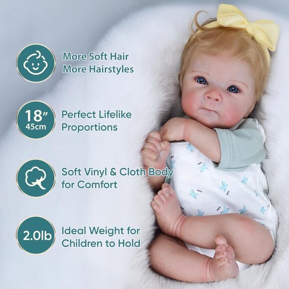🆕18-Inch Realistic Baby with Blonde Hair and Weighted Cloth Body Toddler Girls - Picture 7 of 13
